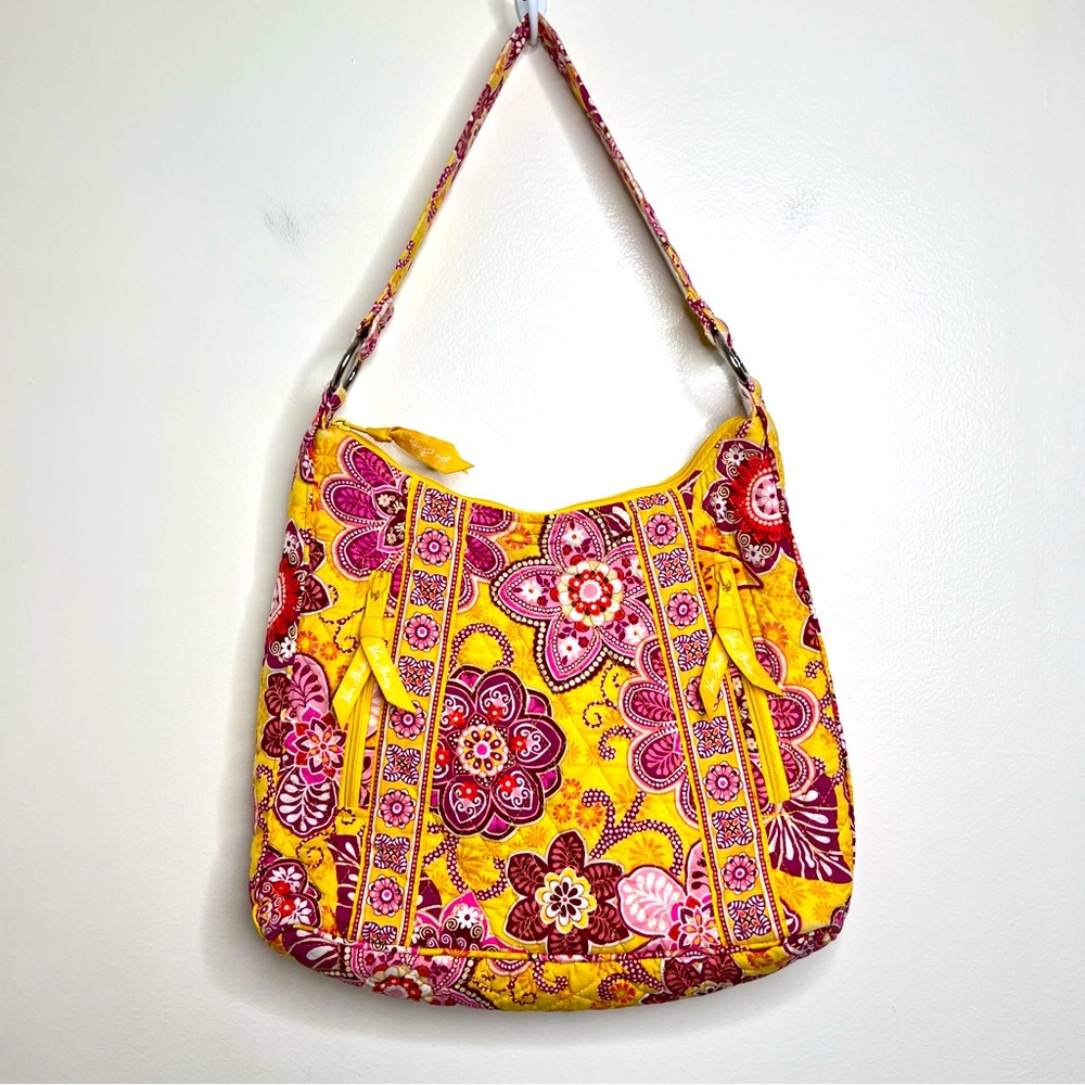 Vera Bradley Lisa B Bali Slim Hobo Bag Purse Yellow Gold Pink Floral